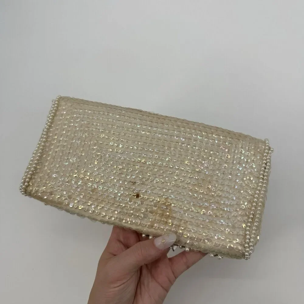 Bonsoir Vintage Beaded Clutch Bag Evening Bag Satin Glam Bridal